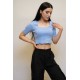 Moda Çizgi Kare Yaka Triko Crop Mavi