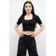 Moda Çizgi Kare Yaka Triko Crop Siyah