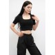 Moda Çizgi Kare Yaka Triko Crop Siyah