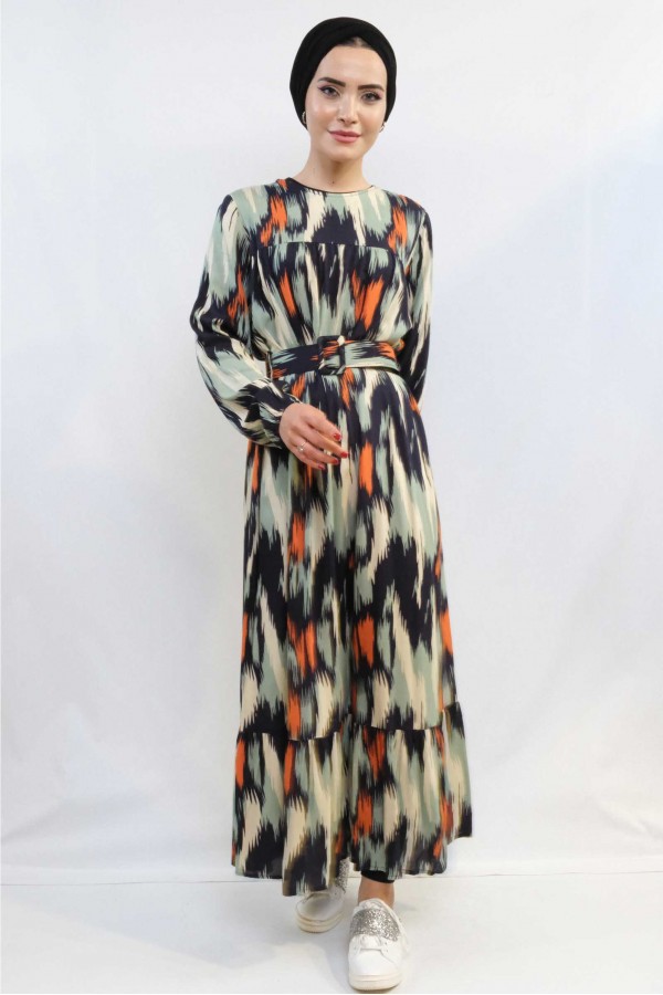 Moda Çizgi Karışık Desen Elbise Mint