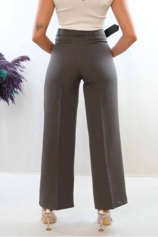 Moda Çizgi Kemerli Pantolon Füme