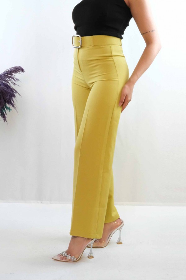 Moda Çizgi Kemerli Pantolon Yağ Yeşili