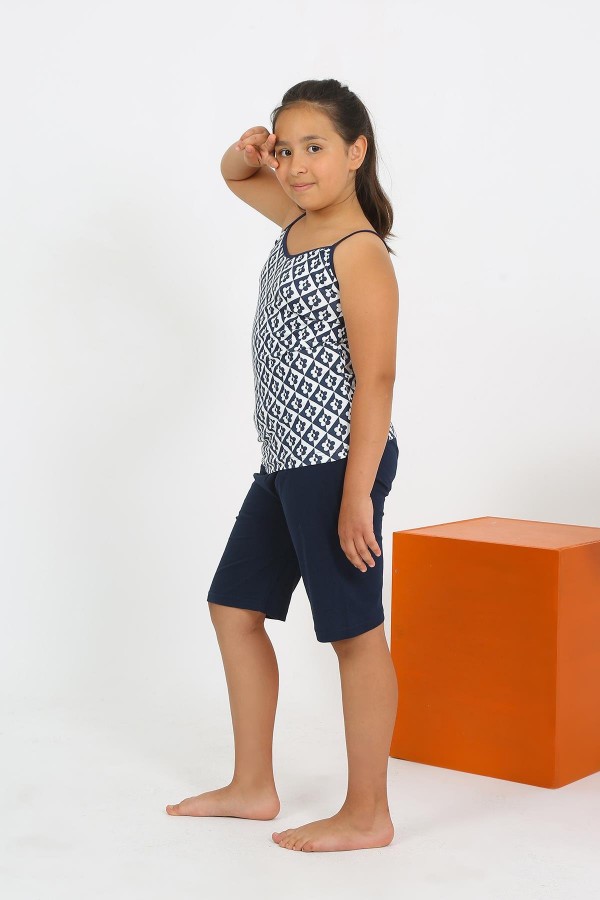 Moda Çizgi Kız Çocuk İp Askılı Şortlu Penye Lacivert Pijama Takım 20430