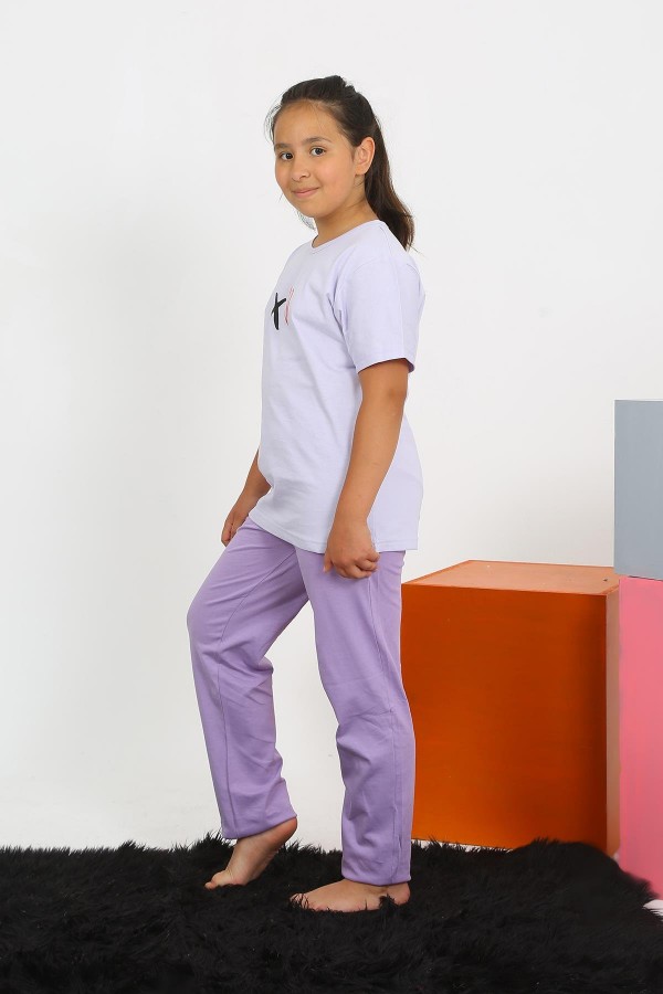 Moda Çizgi Kız Çocuk Kısa Kol Lila Penye Pijama Takım 20432