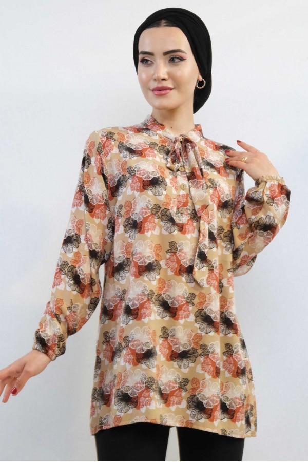 Moda Çizgi Kravatlı Bluz MC5172 Bej
