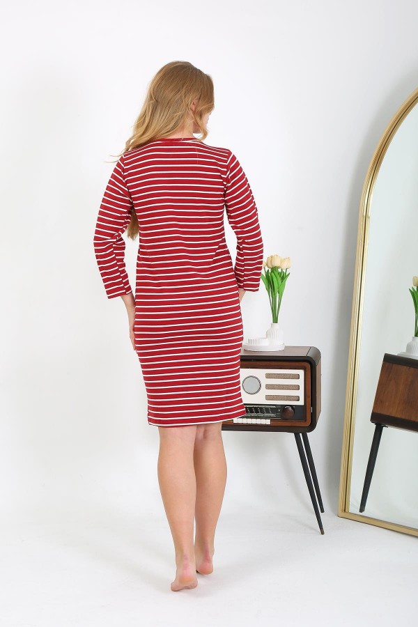 Moda Çizgi Pamuk Ev Elbisesi Tunik Gecelik Kırmızı 13132