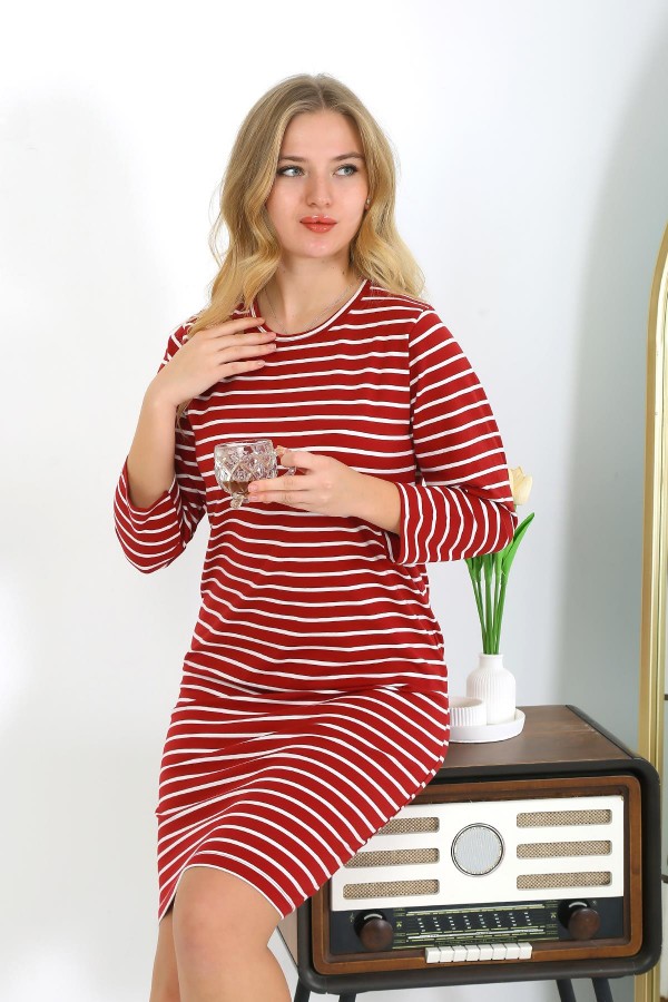 Moda Çizgi Pamuk Ev Elbisesi Tunik Gecelik Kırmızı 13132