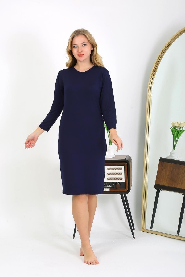 Moda Çizgi Pamuk Ev Elbisesi Tunik Gecelik Lacivert 13132