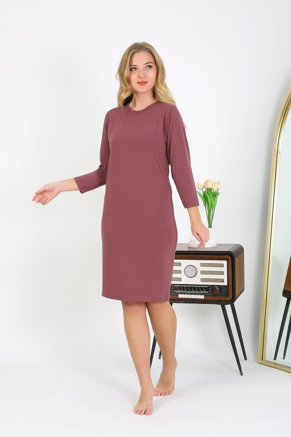 Moda Çizgi Pamuk Ev Elbisesi Tunik Gecelik Mürdüm 13132