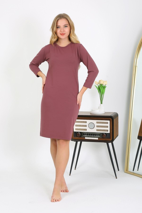 Moda Çizgi Pamuk Ev Elbisesi Tunik Gecelik Mürdüm 13132
