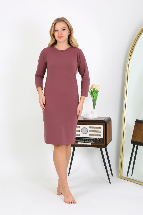 Moda Çizgi Pamuk Ev Elbisesi Tunik Gecelik Mürdüm 13132