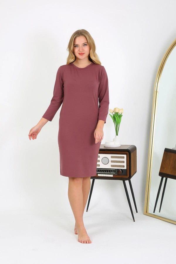 Moda Çizgi Pamuk Ev Elbisesi Tunik Gecelik Mürdüm 13132