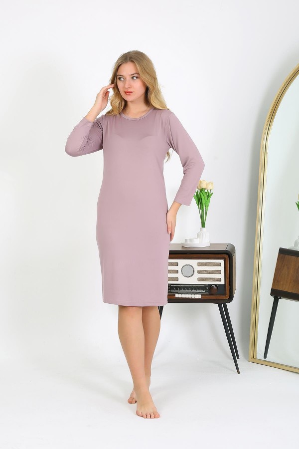 Moda Çizgi Pamuk Ev Elbisesi Tunik Gecelik Pudra 13132