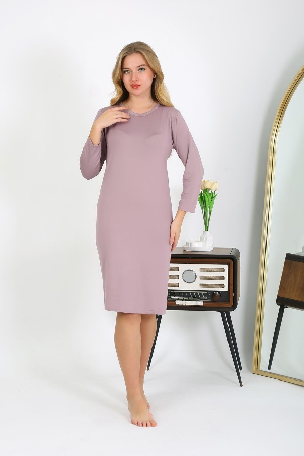 Moda Çizgi Pamuk Ev Elbisesi Tunik Gecelik Pudra 13132