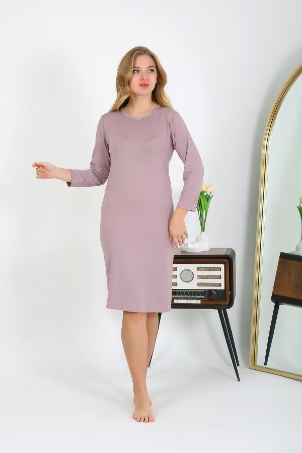 Moda Çizgi Pamuk Ev Elbisesi Tunik Gecelik Pudra 13132