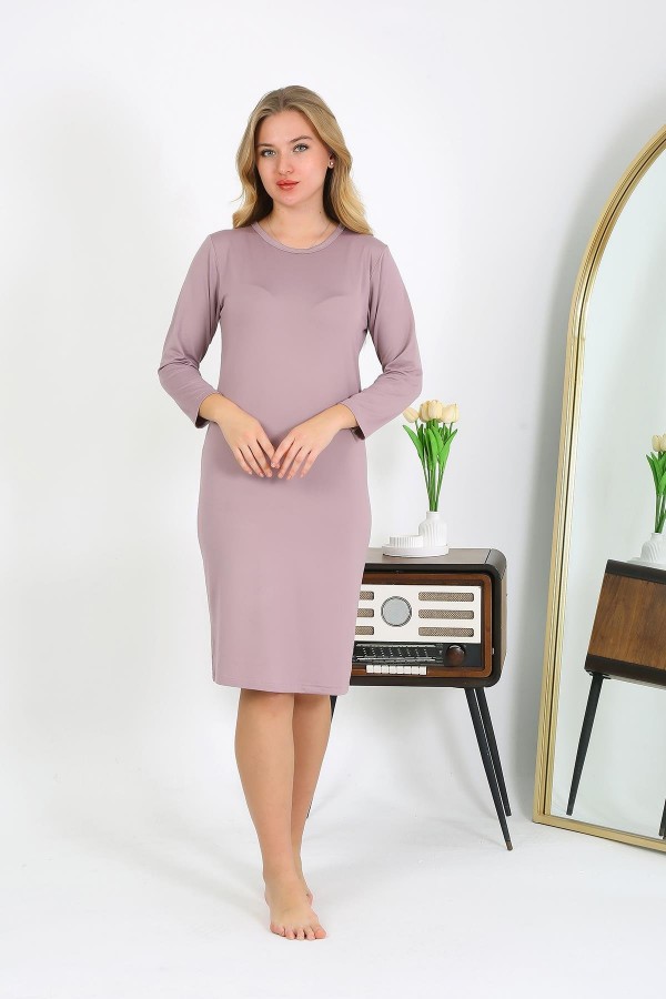 Moda Çizgi Pamuk Ev Elbisesi Tunik Gecelik Pudra 13132