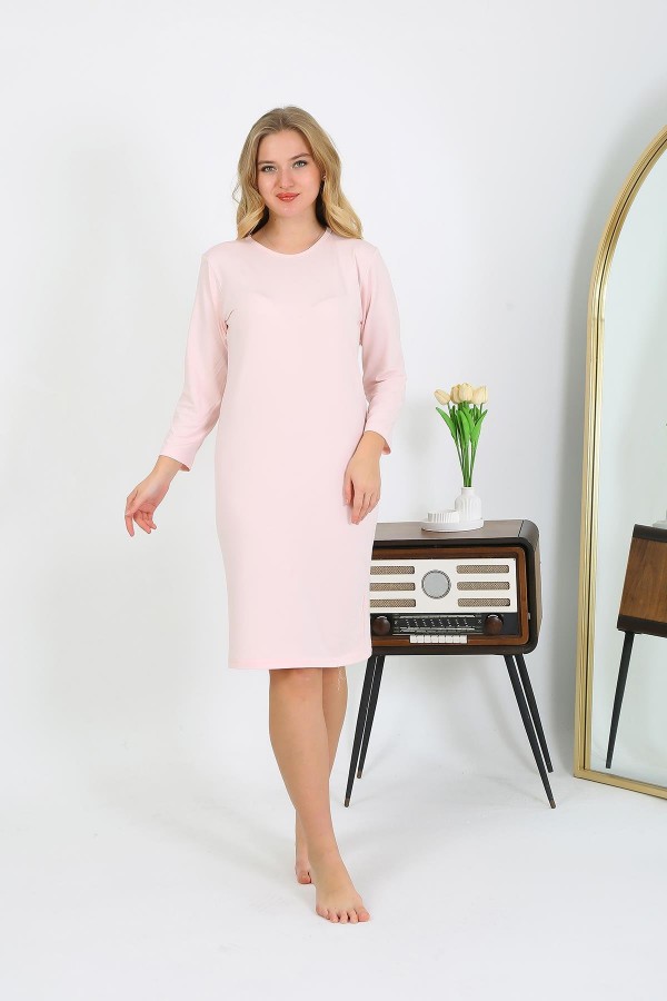 Moda Çizgi Pamuk Ev Elbisesi Tunik Gecelik Somon 13132