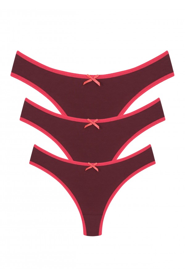 Moda Çizgi Pamuklu 3lü Tanga Külot Bordo 40251