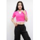 Moda Çizgi Renkli Yaka Triko Crop Pembe