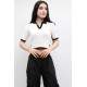 Moda Çizgi Renkli Yaka Triko Crop Beyaz