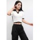 Moda Çizgi Renkli Yaka Triko Crop Beyaz