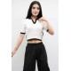 Moda Çizgi Renkli Yaka Triko Crop Beyaz