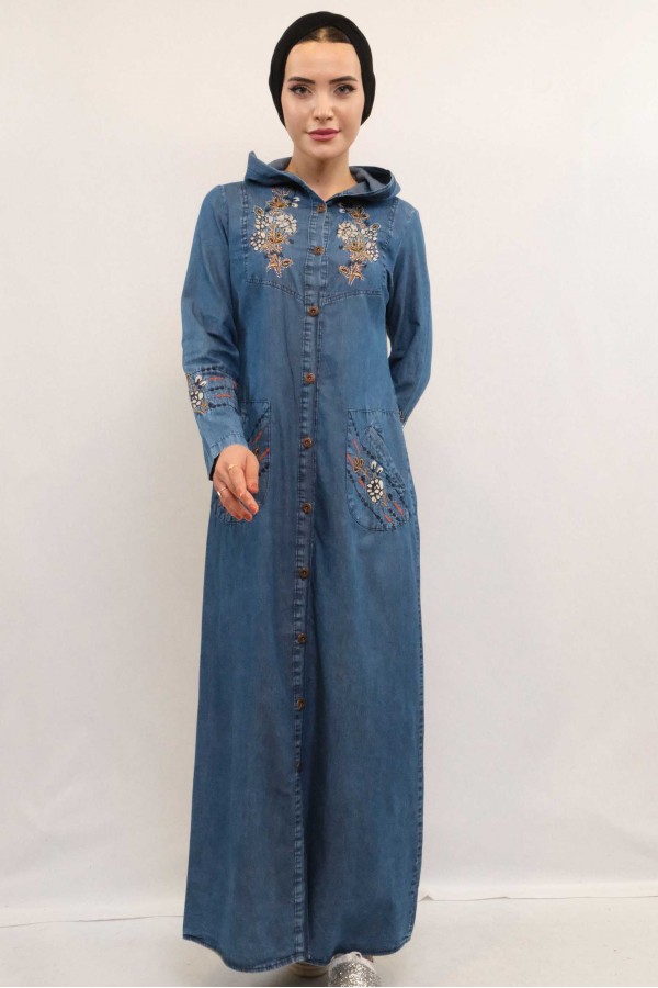 Moda Çizgi Taş ve Nakış İşlemeli Kot Kap