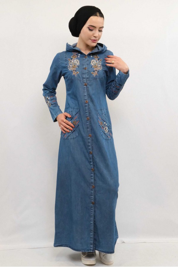 Moda Çizgi Taş ve Nakış İşlemeli Kot Kap