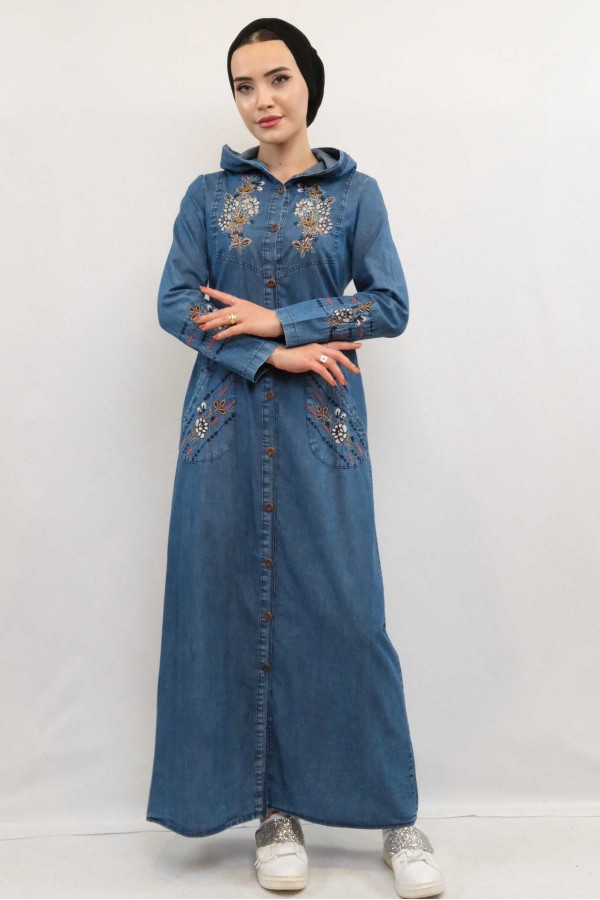 Moda Çizgi Taş ve Nakış İşlemeli Kot Kap
