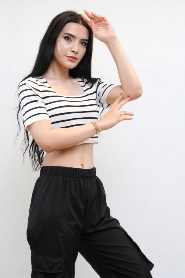 Moda Çizgi Triko Crop Çizgili  Beyaz