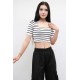 Moda Çizgi Triko Crop Çizgili  Beyaz