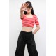 Moda Çizgi Triko Crop Çizgili Kırmızı