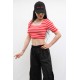 Moda Çizgi Triko Crop Çizgili Kırmızı