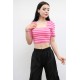 Moda Çizgi Triko Crop Çizgili Pembe