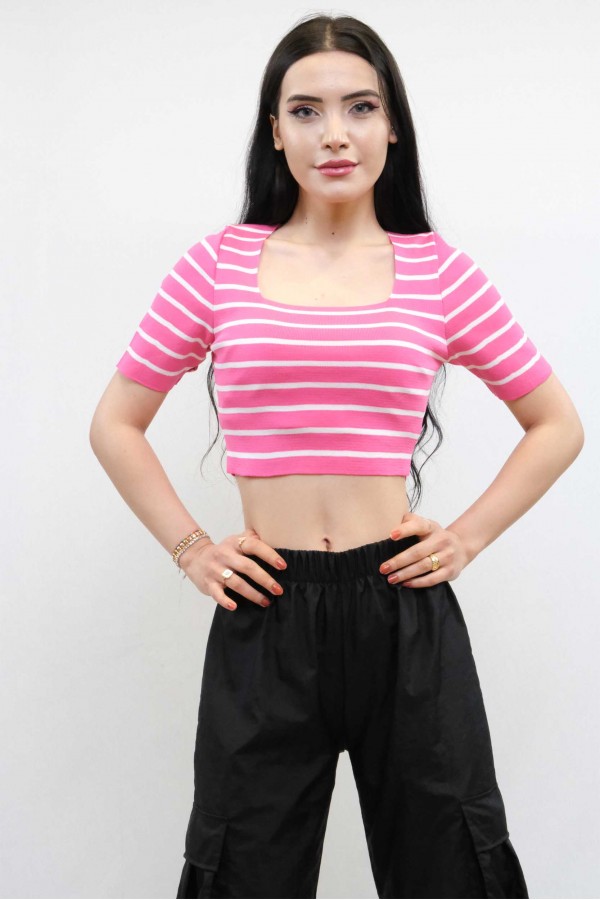 Moda Çizgi Triko Crop Çizgili Pembe