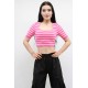 Moda Çizgi Triko Crop Çizgili Pembe