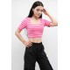 Moda Çizgi Triko Crop Çizgili Pembe