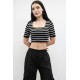 Moda Çizgi Triko Crop Çizgili Siyah