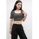 Moda Çizgi Triko Crop Çizgili Siyah