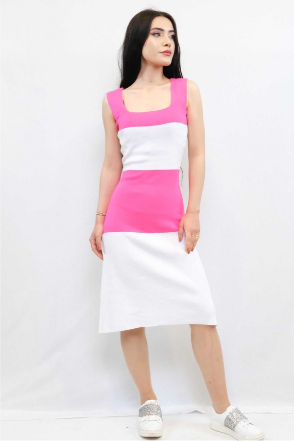 Moda Çizgi Triko Elbise Pembe
