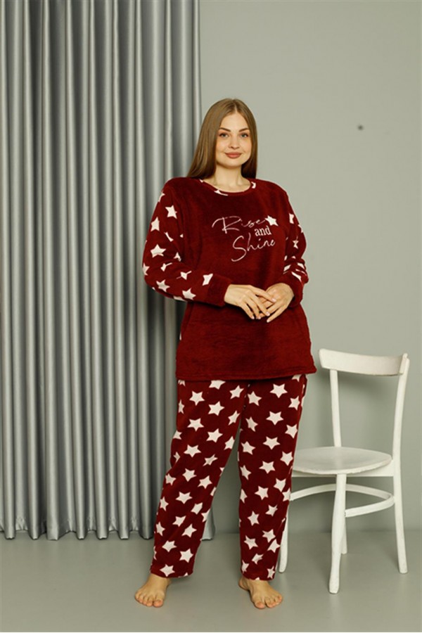 Moda Çizgi Welsoft Polar Kadın Büyük Beden Bordo Pijama Takımı 808042