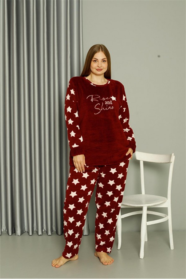 Moda Çizgi Welsoft Polar Kadın Büyük Beden Bordo Pijama Takımı 808042