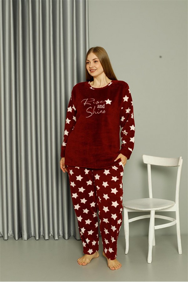 Moda Çizgi Welsoft Polar Kadın Büyük Beden Bordo Pijama Takımı 808042