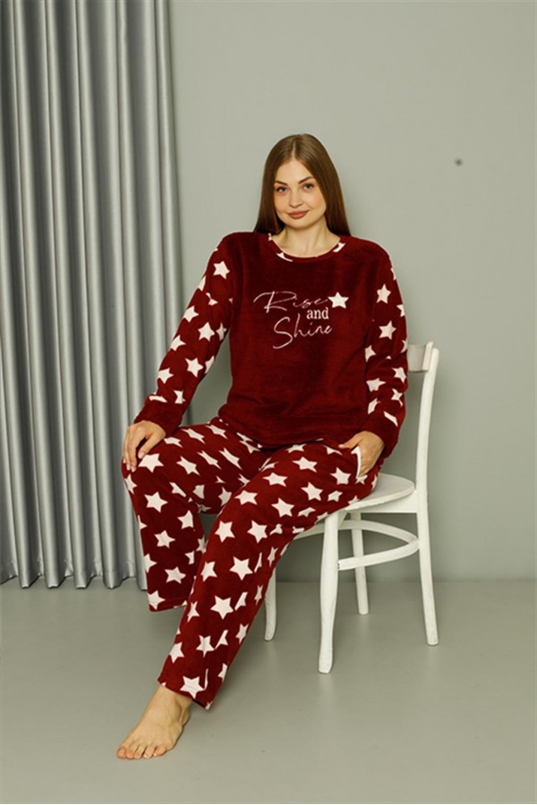 Moda Çizgi Welsoft Polar Kadın Büyük Beden Bordo Pijama Takımı 808042