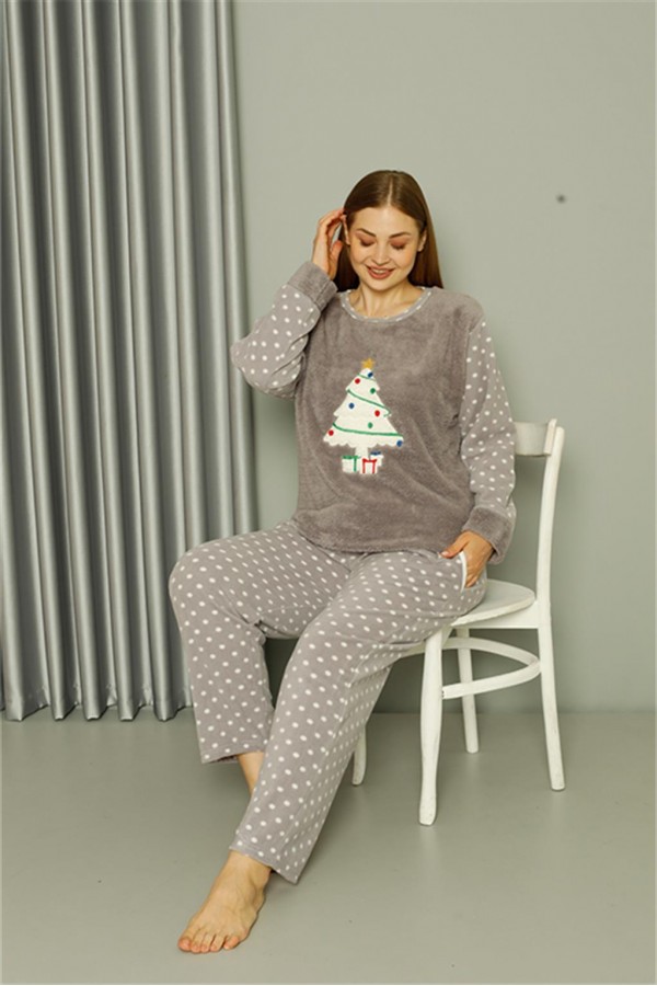 Moda Çizgi Welsoft Polar Kadın Büyük Beden Gri Pijama Takımı 808048
