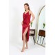 Moda Çizgi Yırtmaçlı Uzun Saten Gecelik Bordo 7410