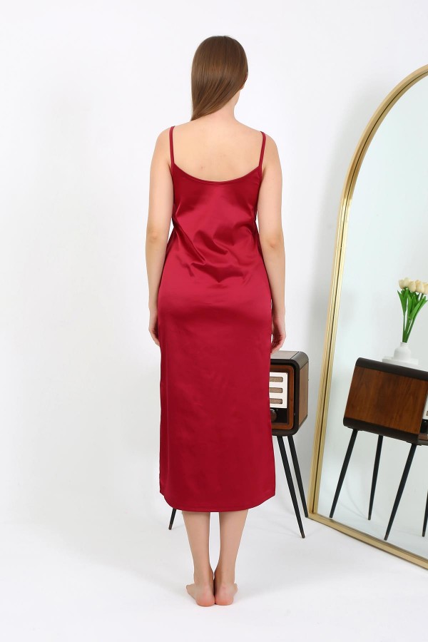 Moda Çizgi Yırtmaçlı Uzun Saten Gecelik Bordo 7410