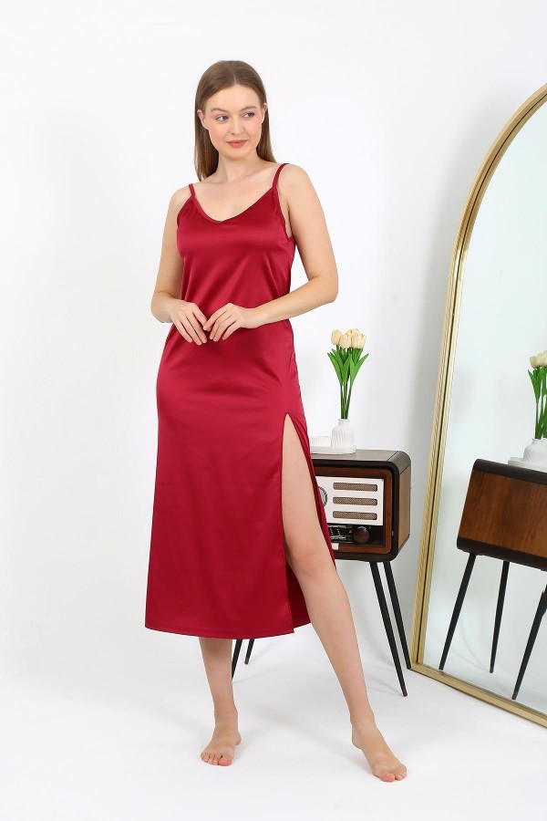 Moda Çizgi Yırtmaçlı Uzun Saten Gecelik Bordo 7410
