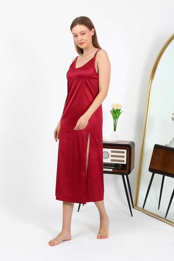 Moda Çizgi Yırtmaçlı Uzun Saten Gecelik Bordo 7410