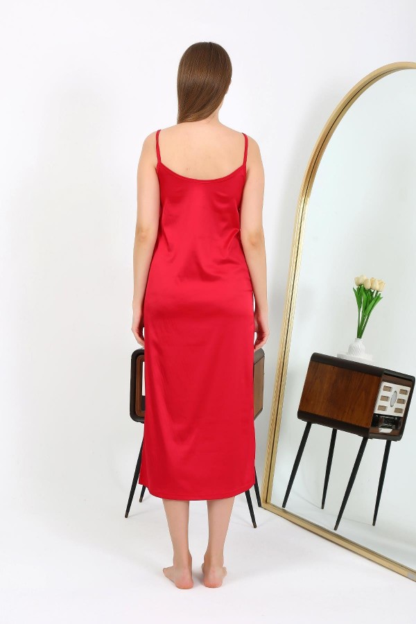 Moda Çizgi Yırtmaçlı Uzun Saten Gecelik Kırmızı 7410